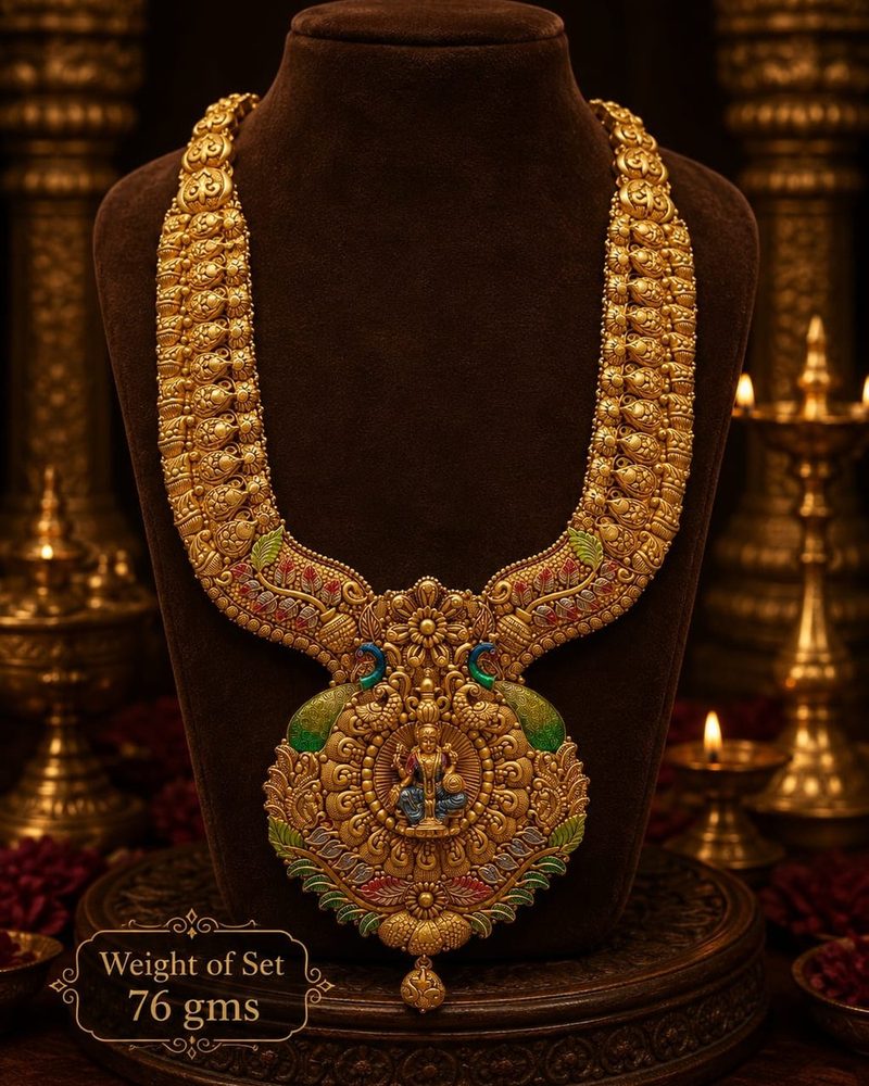 Mayil Haram — Broad peacock panel in green and rose enamel, 76 gram 22K gold set