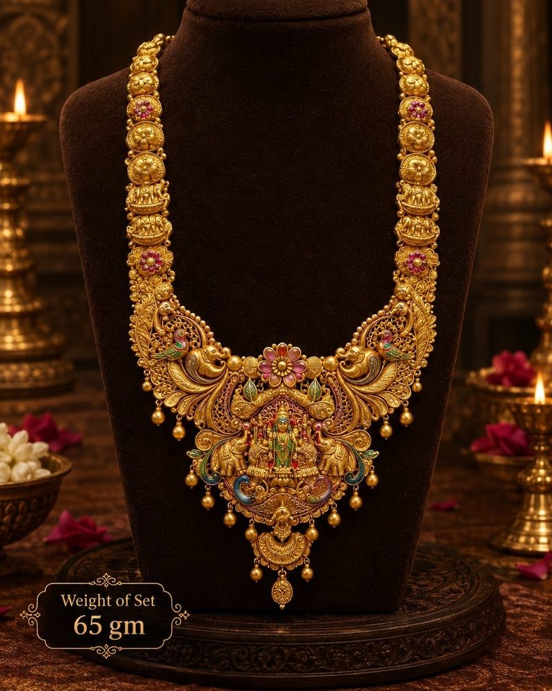 Gajalakshmi Haram — Lakshmi flanked by elephants, enamelled florals, 65 gram 22K gold set