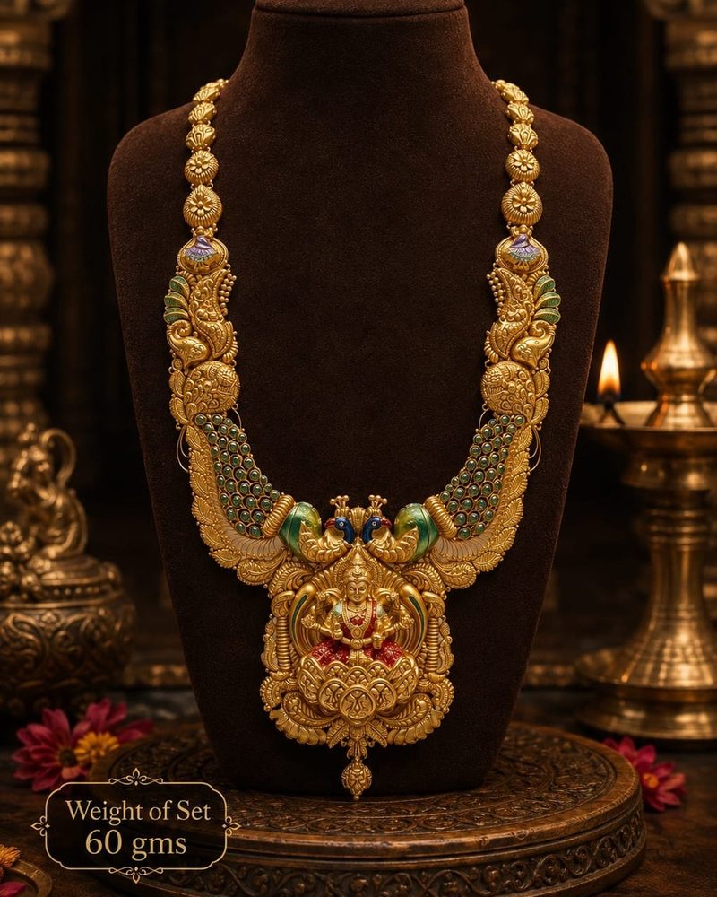 Lakshmi Haram — Peacock shoulders, seated Lakshmi pendant, 60 gram 22K gold set