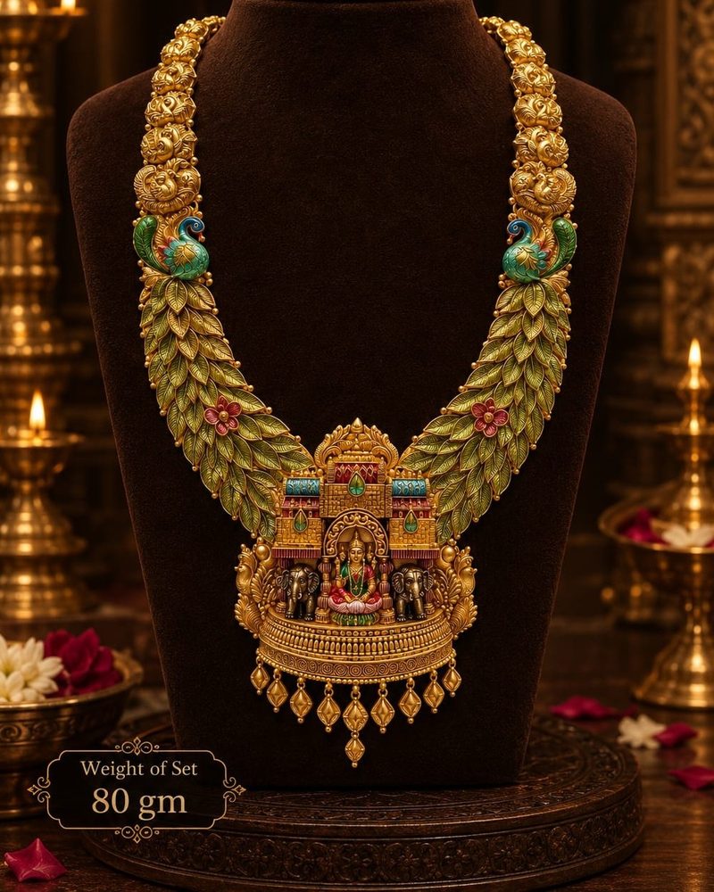 Thalir Haram — Green enamel leaf strands, temple pendant, 80 gram 22K gold set