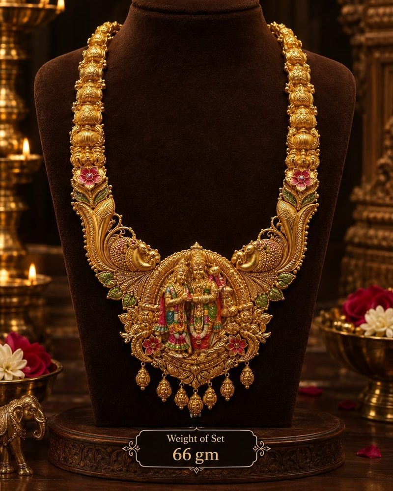 Radha Krishna Haram — Painted enamel figures, lotus-bud chain, 66 gram 22K gold set