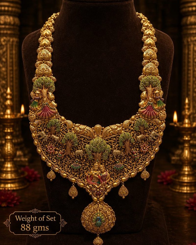 Kalpavriksha Haram — Tree-of-life panel with elephants and figures, 88 gram 22K gold set