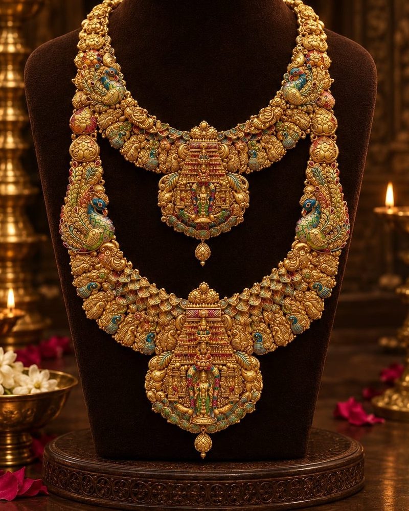 Bridal Set — Haram and attigai together, twin gopuram pendants, 66 gram 22K gold set