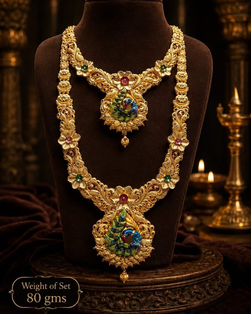 Peacock Set — Long and short together, peacock pendants, 80 gram 22K gold set